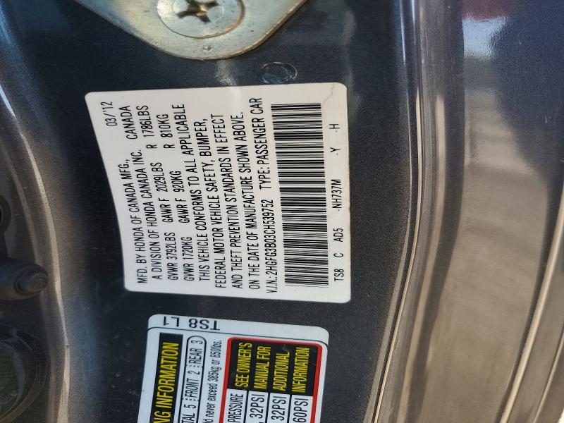 56256466 :رقم المزاد ، 2HGFG3B03CH539752 vin ، 2012 Honda Civic مزاد بيع