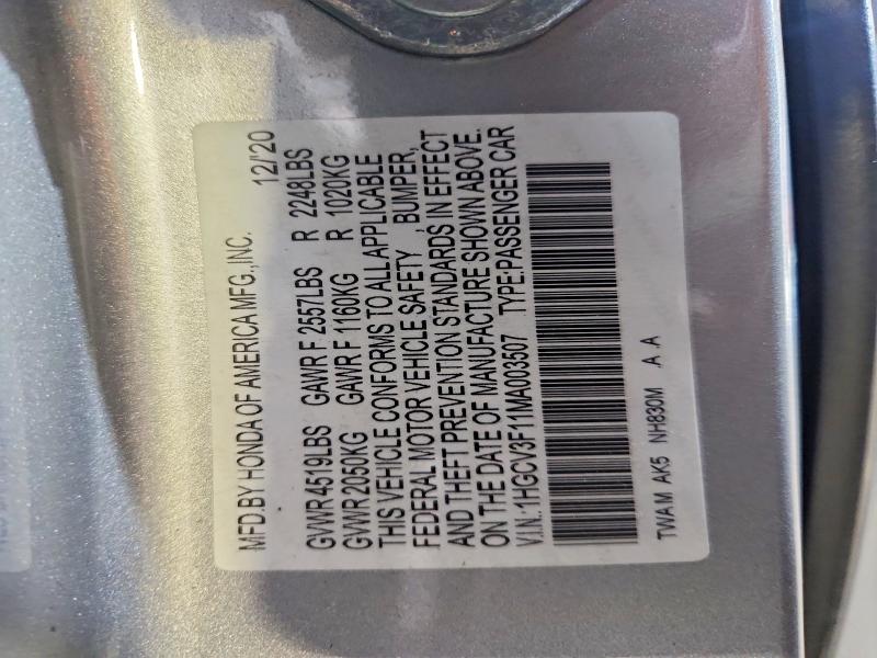 Продажа на аукционе авто 2021 Honda Accord, vin: 1HGCV3F11MA003507, номер лота: 56854116