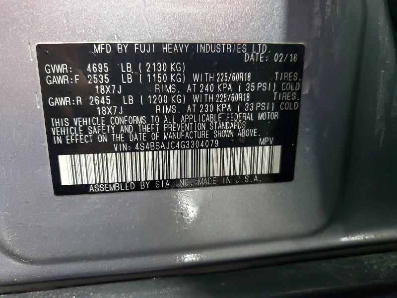 58089116 :رقم المزاد ، 4S4BSAJC4G3304079 vin ، 2016 Subaru Outback مزاد بيع