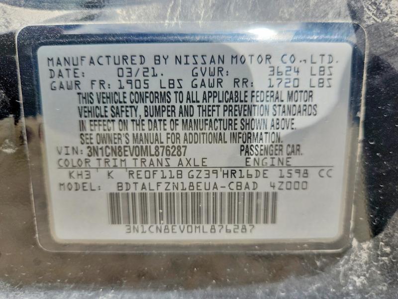 2021 Nissan Versa მანქანა იყიდება აუქციონზე, vin: 3N1CN8EV0ML876287, აუქციონის ნომერი: 57832146