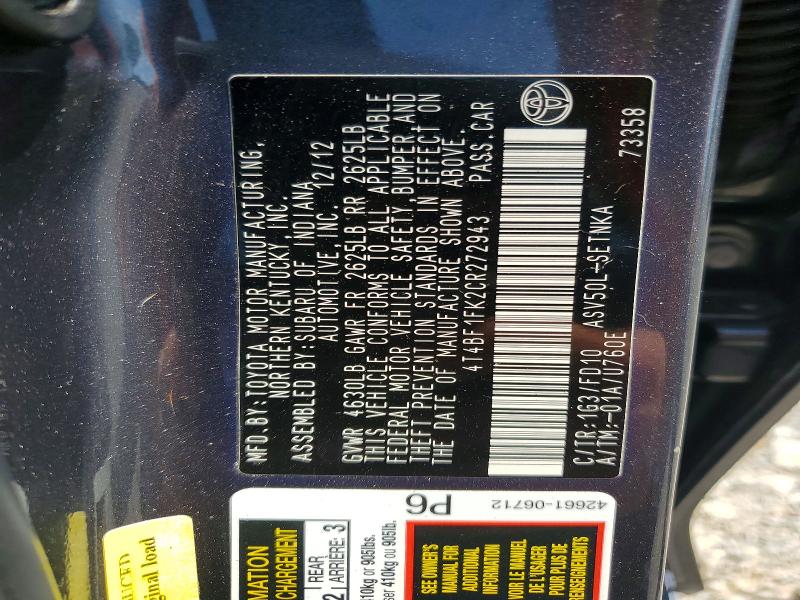Auction sale of the 2012 Toyota Camry, vin: 4T4BF1FK2CR272943, lot number: 55108036