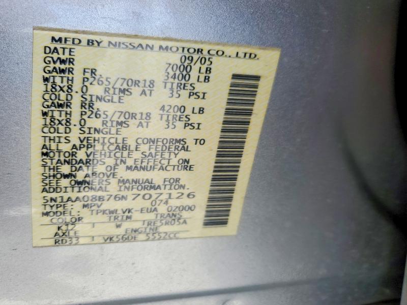 Aukcja sprzedaży 2006 Nissan Armada, vin: 5N1AA08B76N707126, numer aukcji: 55601226