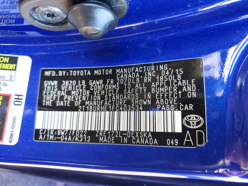 Продаж на аукціоні авто 2015 Toyota Corolla, vin: 2T1BURHE1FC403534, номер лоту: 58509686