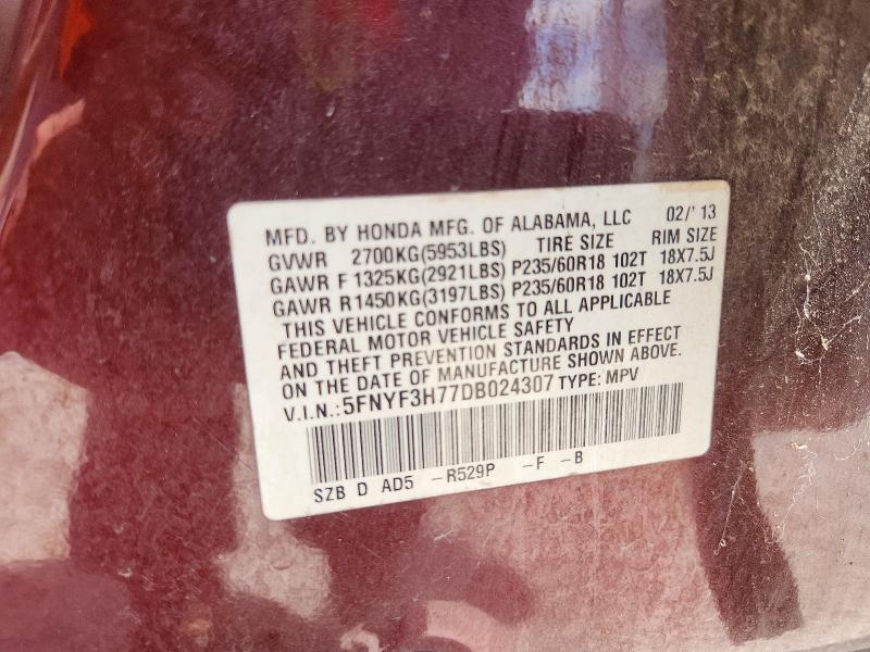 2013 Honda Pilot მანქანა იყიდება აუქციონზე, vin: 5FNYF3H77DB024307, აუქციონის ნომერი: 55988136
