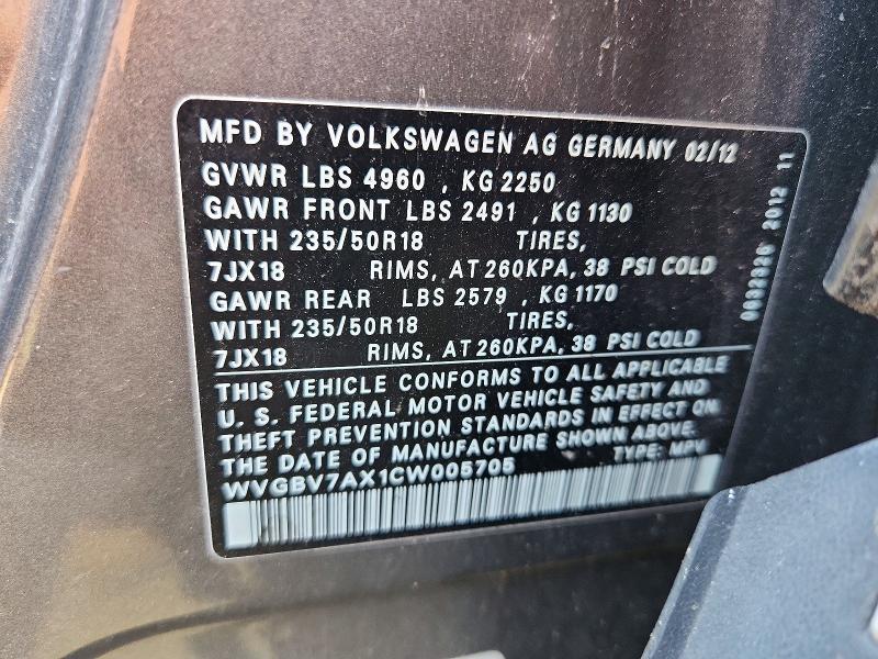 Продажа на аукционе авто 2012 Volkswagen Tiguan, vin: WVGBV7AX1CW005705, номер лота: 56058646