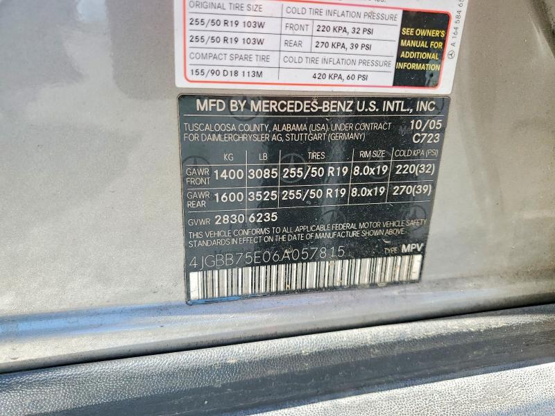2006 Mercedes-benz Ml მანქანა იყიდება აუქციონზე, vin: 4JGBB75E06A057815, აუქციონის ნომერი: 57364146