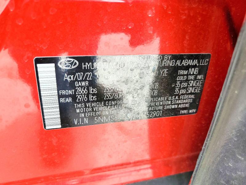 2022 Hyundai Santa Fe მანქანა იყიდება აუქციონზე, vin: 5NMS64AJ9NH452901, აუქციონის ნომერი: 56545436