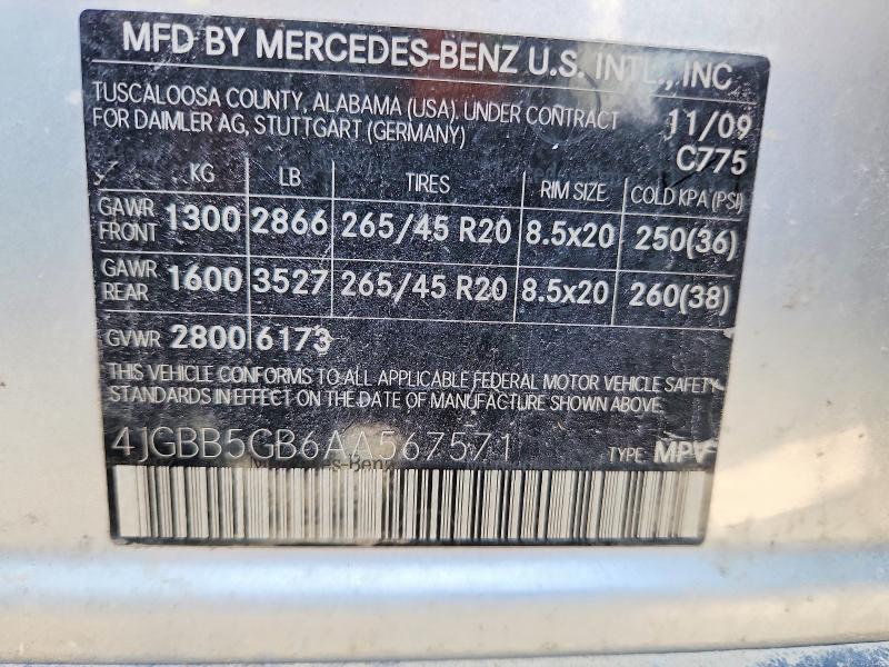 Aukcja sprzedaży 2010 Mercedes-benz Ml, vin: 4JGBB5GB6AA567571, numer aukcji: 73341535