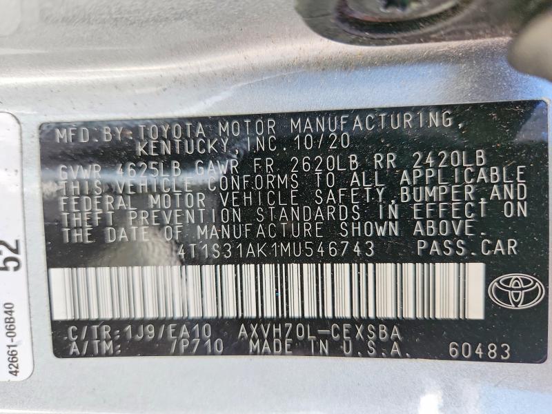 58474126 :رقم المزاد ، 4T1S31AK1MU546743 vin ، 2021 Toyota Camry مزاد بيع