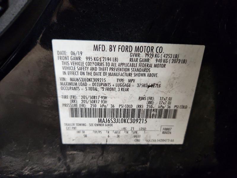 2019 Ford Ecosport მანქანა იყიდება აუქციონზე, vin: MAJ6S3JL0KC309215, აუქციონის ნომერი: 58568806