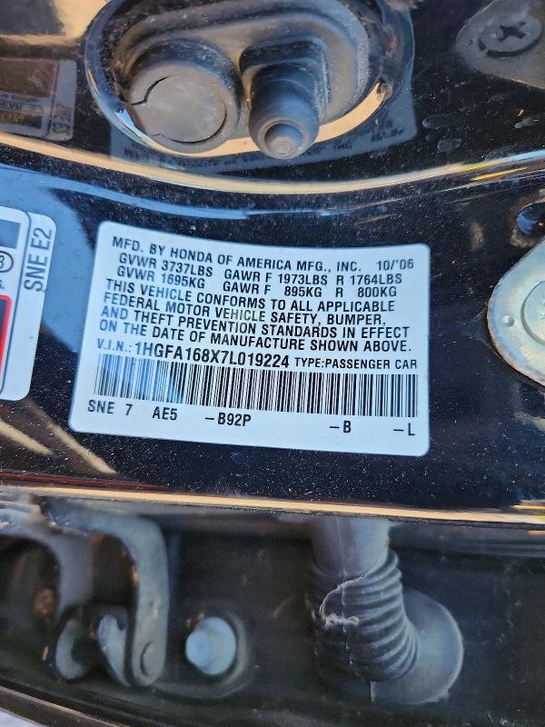 56345956 :رقم المزاد ، 1HGFA168X7L019224 vin ، 2007 Honda Civic مزاد بيع