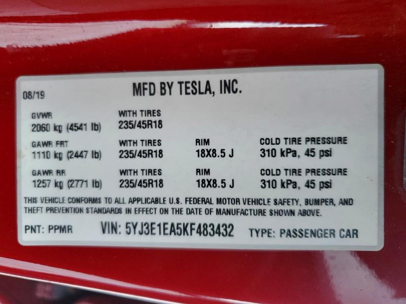 2019 Tesla Model 3 მანქანა იყიდება აუქციონზე, vin: 5YJ3E1EA5KF483432, აუქციონის ნომერი: 58078646