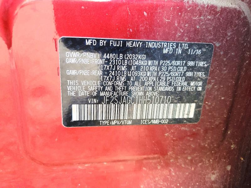 2017 Subaru Forester მანქანა იყიდება აუქციონზე, vin: JF2SJAGC1HH510710, აუქციონის ნომერი: 56661486