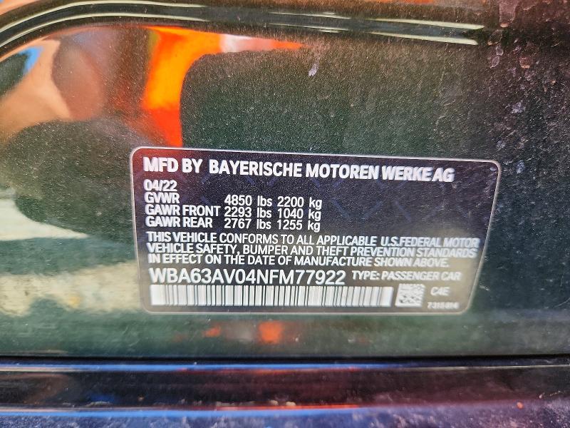 55764416 :رقم المزاد ، WBA63AV04NFM77922 vin ، 2022 Bmw 430i مزاد بيع