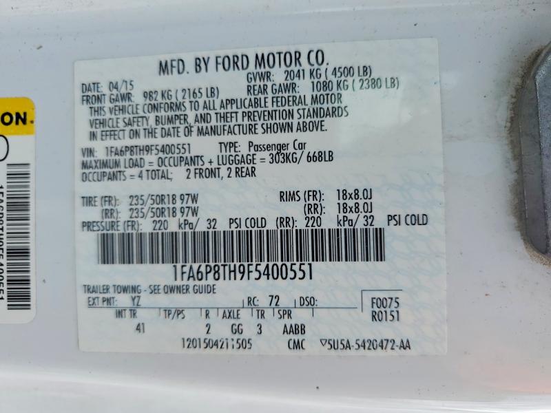 58393706 :رقم المزاد ، 1FA6P8TH9F5400551 vin ، 2015 Ford Mustang مزاد بيع