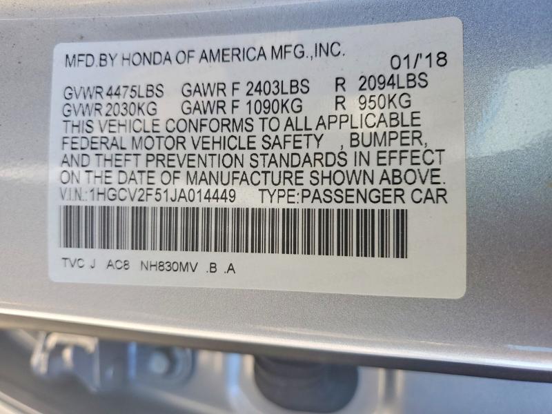 56806176 :رقم المزاد ، 1HGCV2F51JA014449 vin ، 2018 Honda Accord مزاد بيع