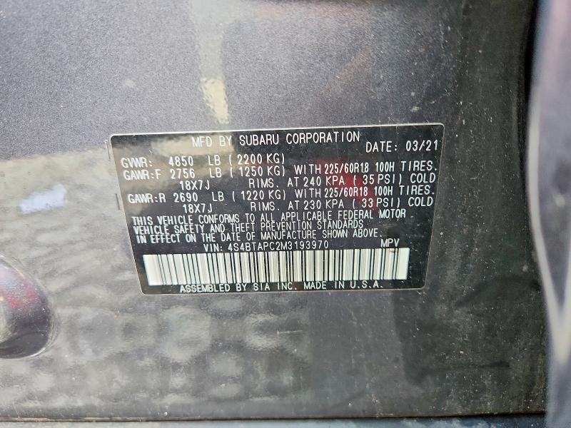 Продаж на аукціоні авто 2021 Subaru Outback, vin: 4S4BTAPC2M3193970, номер лоту: 56872226
