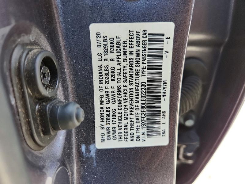 59538336 :رقم المزاد ، 19XFC2F80LE022330 vin ، 2020 Honda Civic مزاد بيع