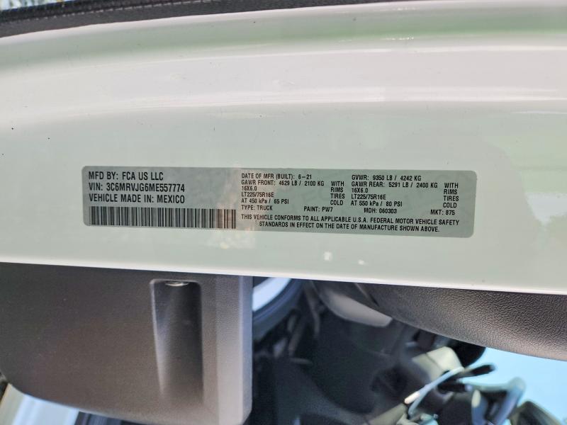 58253356 :رقم المزاد ، 3C6MRVJG6ME557774 vin ، 2021 Ram Promaster 3500 مزاد بيع