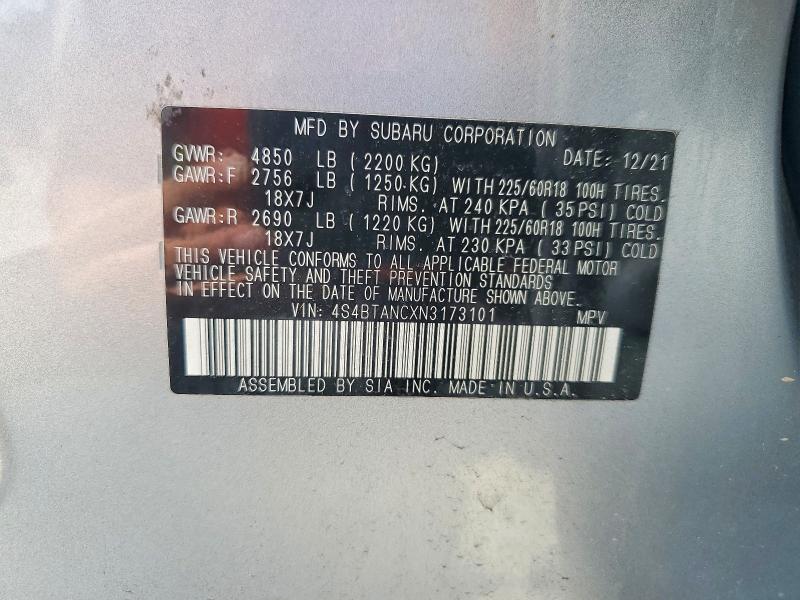 Продаж на аукціоні авто 2022 Subaru Outback, vin: 4S4BTANCXN3173101, номер лоту: 58908086