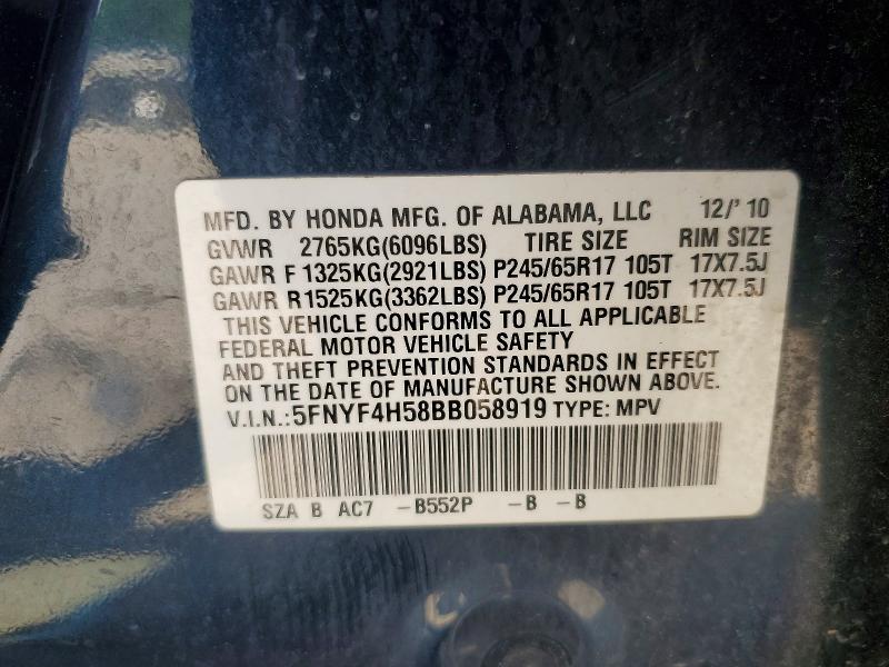 Продаж на аукціоні авто 2011 Honda Pilot, vin: 5FNYF4H58BB058919, номер лоту: 55909496