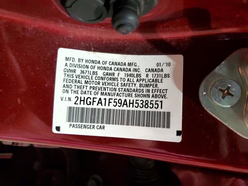 58410846 :رقم المزاد ، 2HGFA1F59AH538551 vin ، 2010 Honda Civic مزاد بيع