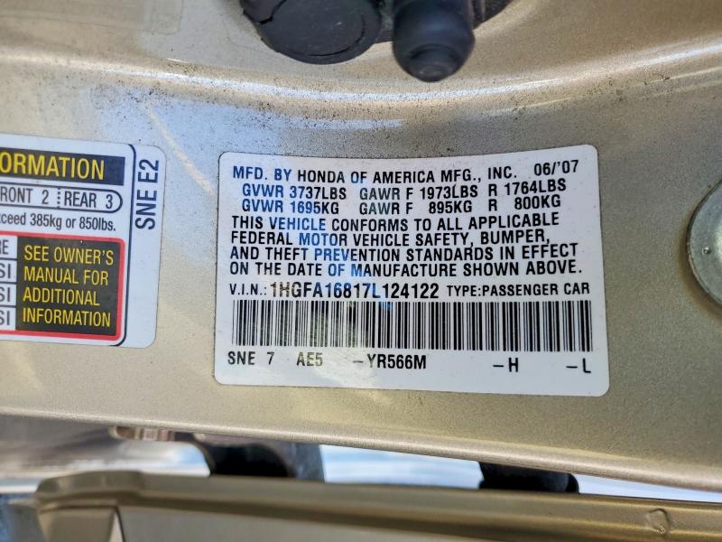2007 Honda Civic მანქანა იყიდება აუქციონზე, vin: 1HGFA16817L124122, აუქციონის ნომერი: 57694746