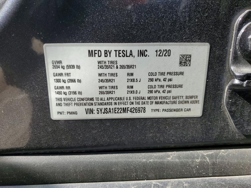 Aukcja sprzedaży 2021 Tesla Model S, vin: 5YJSA1E22MF426978, numer aukcji: 56808256