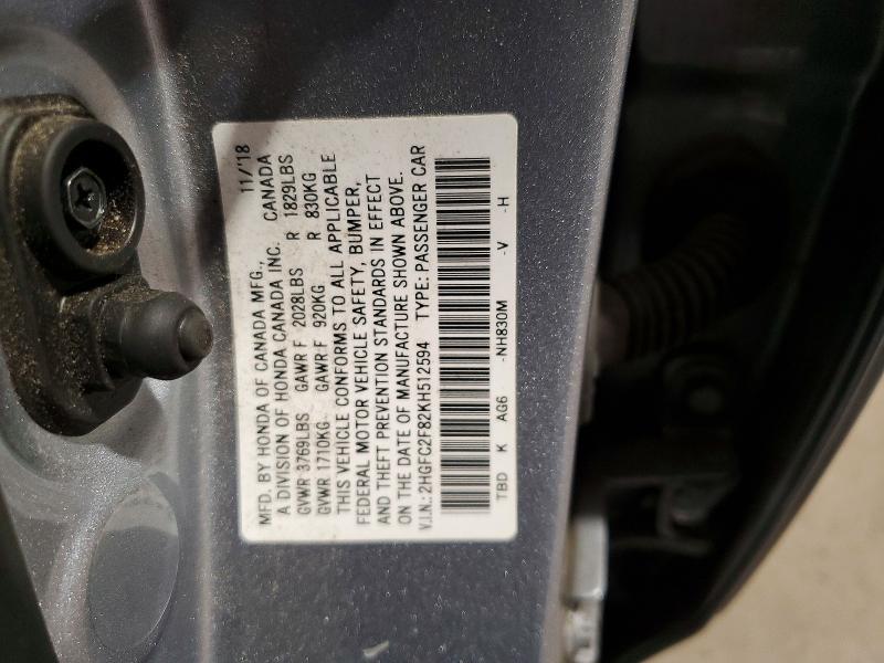 55913106 :رقم المزاد ، 2HGFC2F82KH512594 vin ، 2019 Honda Civic مزاد بيع