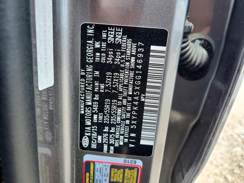 55553476 :رقم المزاد ، 5XYPK4A5XGG146937 vin ، 2016 Kia Sorento مزاد بيع