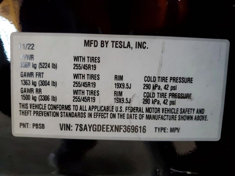 Продаж на аукціоні авто 2022 Tesla Model Y, vin: 7SAYGDEEXNF369616, номер лоту: 56284386