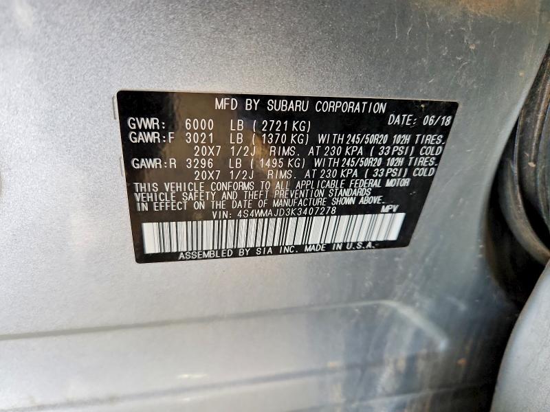 2019 Subaru Ascent მანქანა იყიდება აუქციონზე, vin: 4S4WMAJD3K3407278, აუქციონის ნომერი: 55740286