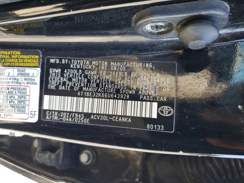 Aukcja sprzedaży 2006 Toyota Camry, vin: 4T1BE32K66U643928, numer aukcji: 56169806