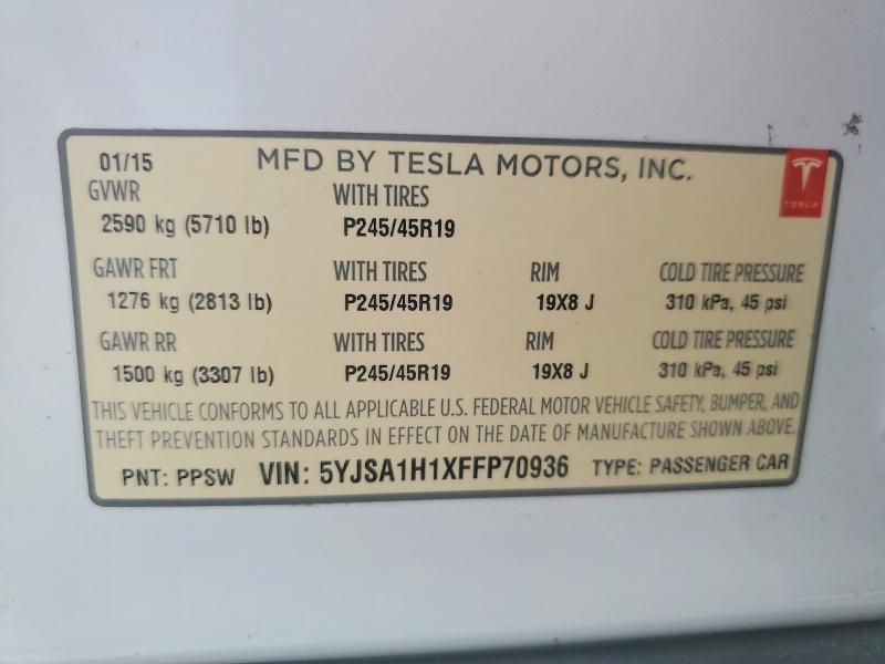 2015 Tesla Model S მანქანა იყიდება აუქციონზე, vin: 5YJSA1H1XFFP70936, აუქციონის ნომერი: 55724146