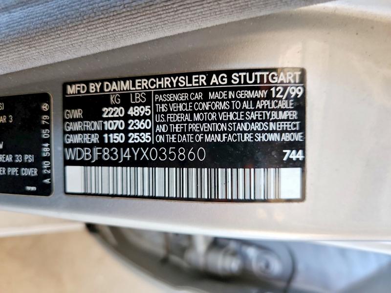 Aukcja sprzedaży 2000 Mercedes-benz E, vin: WDBJF83J4YX035860, numer aukcji: 59035456