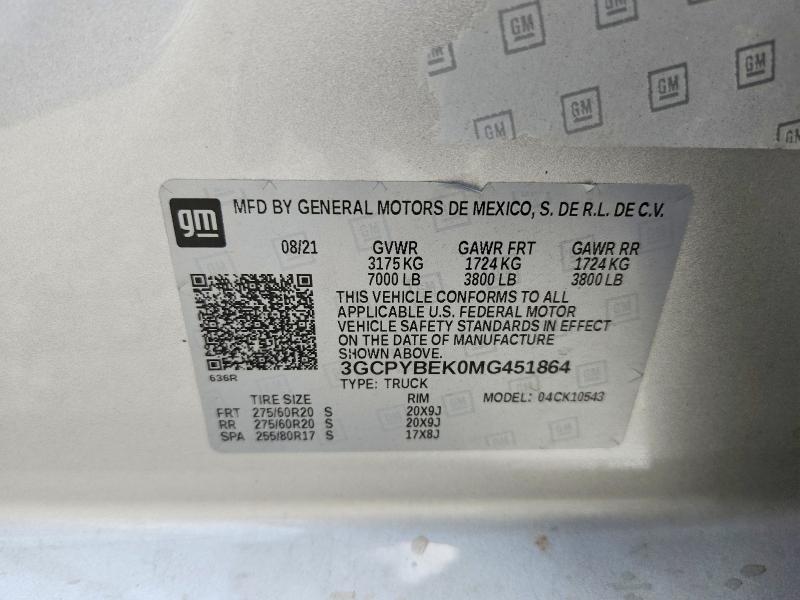 Aukcja sprzedaży 2021 Chevrolet Silverado 1500 High, vin: 3GCPYBEK0MG451864, numer aukcji: 58439156