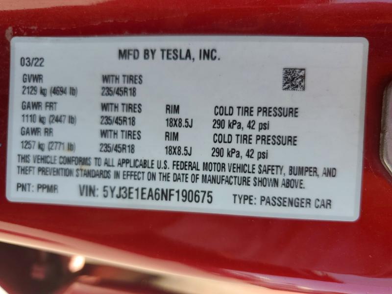 Продаж на аукціоні авто 2022 Tesla Model 3, vin: 5YJ3E1EA6NF190675, номер лоту: 57753966