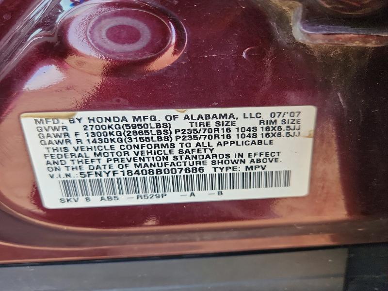 2008 Honda Pilot მანქანა იყიდება აუქციონზე, vin: 5FNYF18408B007686, აუქციონის ნომერი: 56485616
