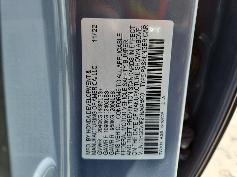 Продаж на аукціоні авто 2022 Honda Accord, vin: 1HGCV3F21NA045900, номер лоту: 56935946