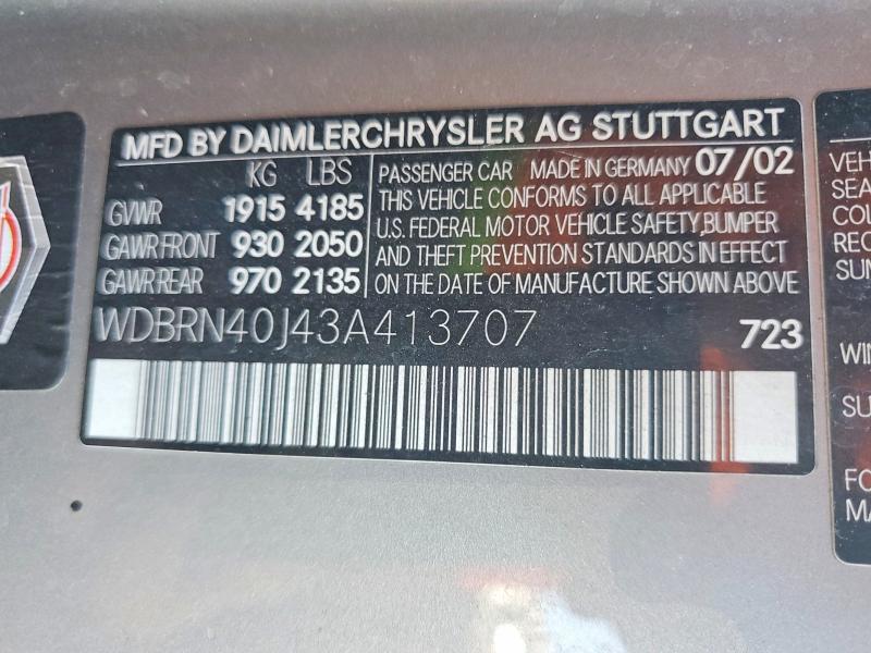 Aukcja sprzedaży 2003 Mercedes-benz C, vin: WDBRN40J43A413707, numer aukcji: 57109316