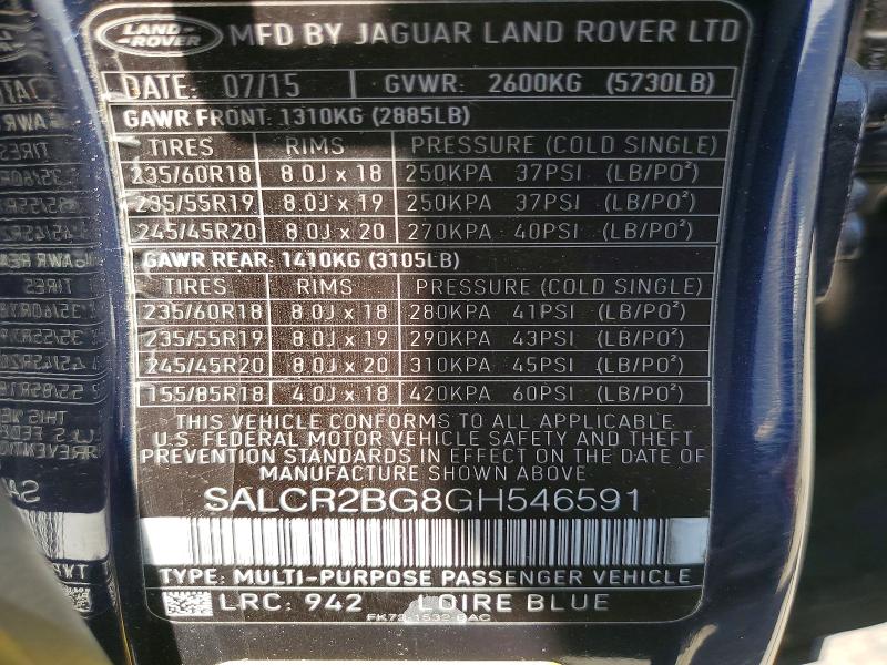 2016 Land Rover Discovery Sport მანქანა იყიდება აუქციონზე, vin: SALCR2BG8GH546591, აუქციონის ნომერი: 58516936