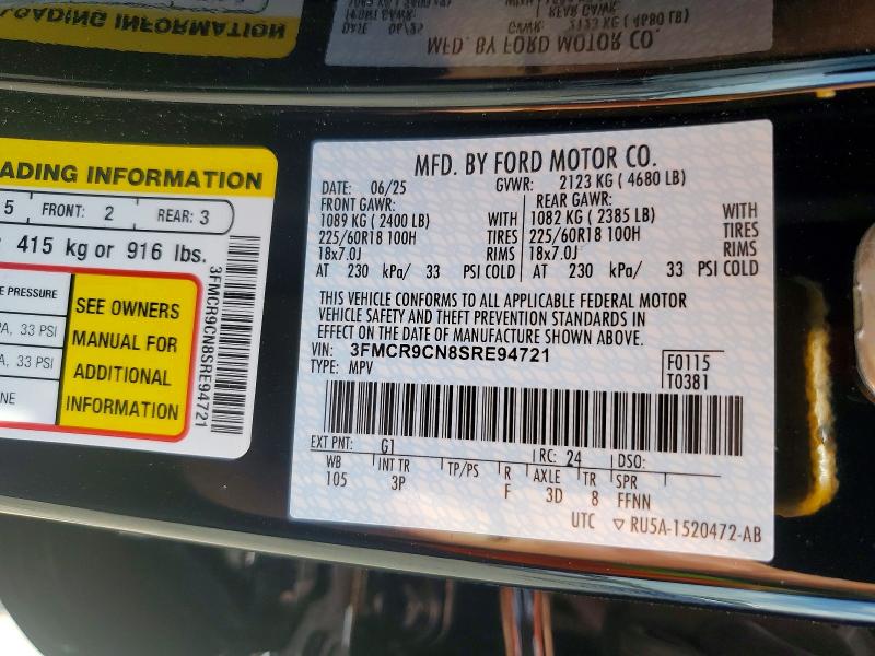 2025 Ford Bronco Sport მანქანა იყიდება აუქციონზე, vin: 3FMCR9CN8SRE94721, აუქციონის ნომერი: 57175136