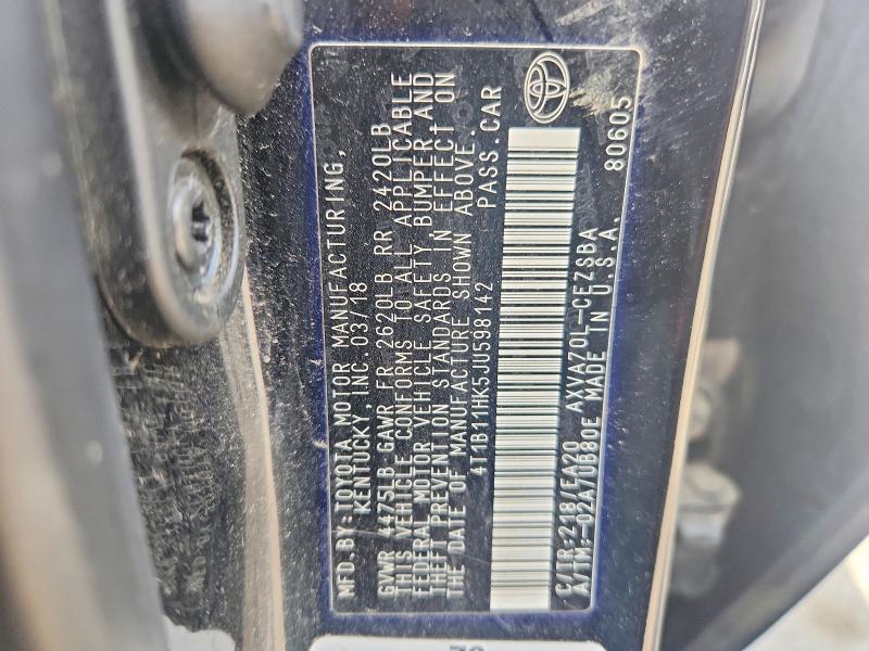 59086796 :رقم المزاد ، 4T1B11HK5JU598142 vin ، 2018 Toyota Camry مزاد بيع