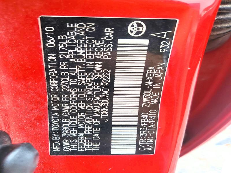 Aukcja sprzedaży 2010 Toyota Prius, vin: JTDKN3DU7A0192222, numer aukcji: 58107296