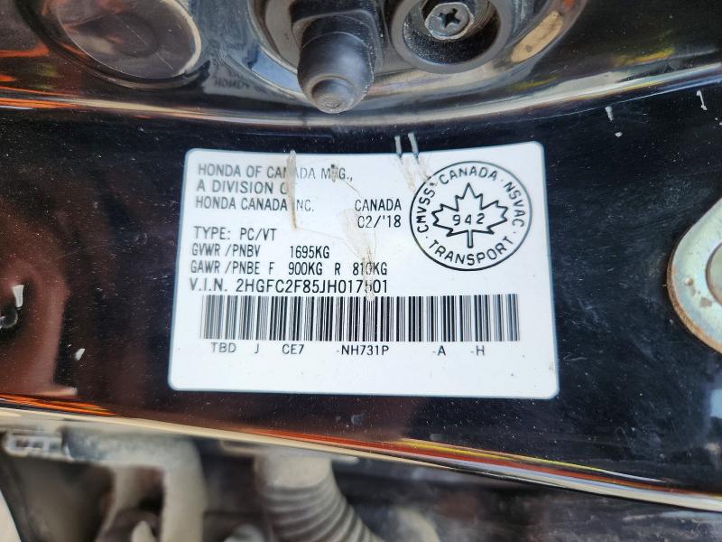 55352156 :رقم المزاد ، 2HGFC2F85JH017501 vin ، 2018 Honda Civic مزاد بيع