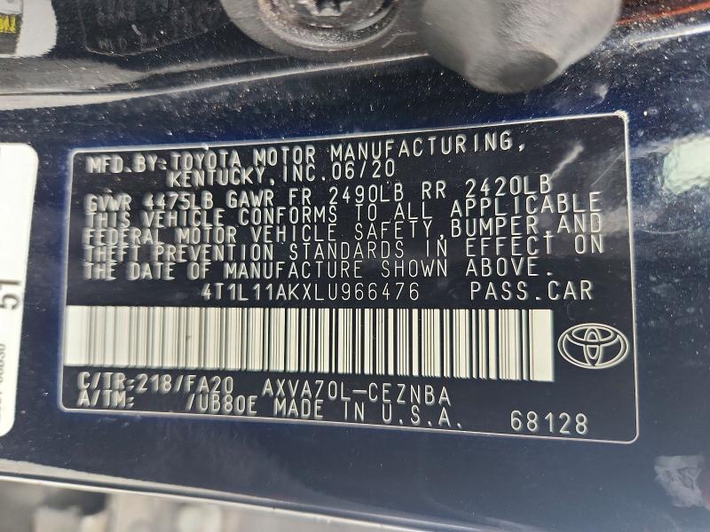 2020 Toyota Camry მანქანა იყიდება აუქციონზე, vin: 4T1L11AKXLU966476, აუქციონის ნომერი: 55520126