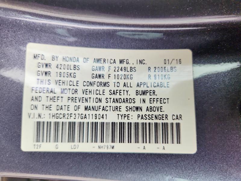 Продаж на аукціоні авто 2016 Honda Accord, vin: 1HGCR2F37GA119041, номер лоту: 56530456