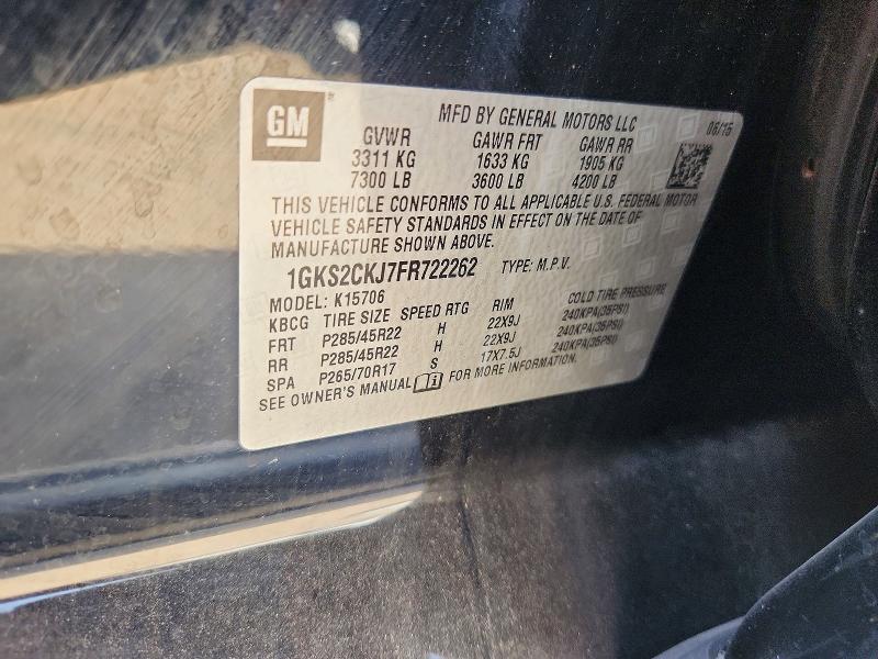 56869796 :رقم المزاد ، 1GKS2CKJ7FR722262 vin ، 2015 Gmc Yukon مزاد بيع