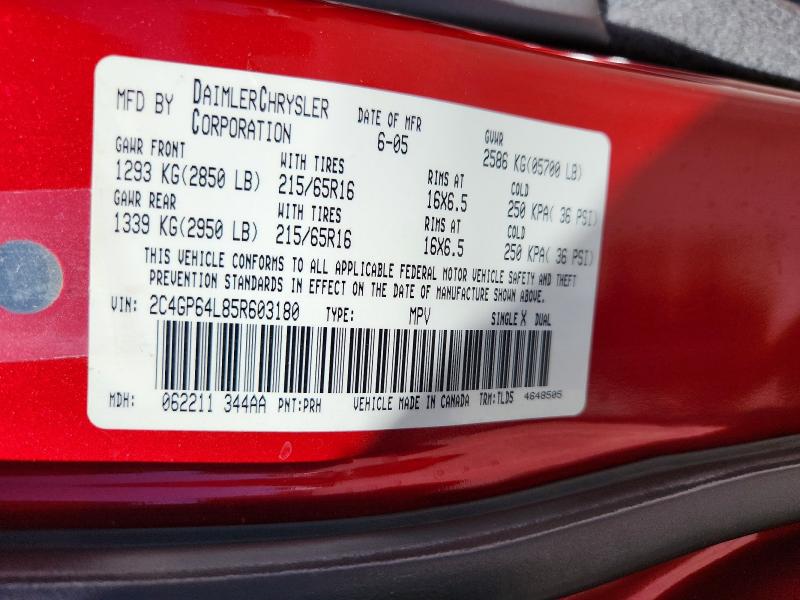 58259256 :رقم المزاد ، 2C4GP64L85R603180 vin ، 2005 Chrysler Town & Country مزاد بيع