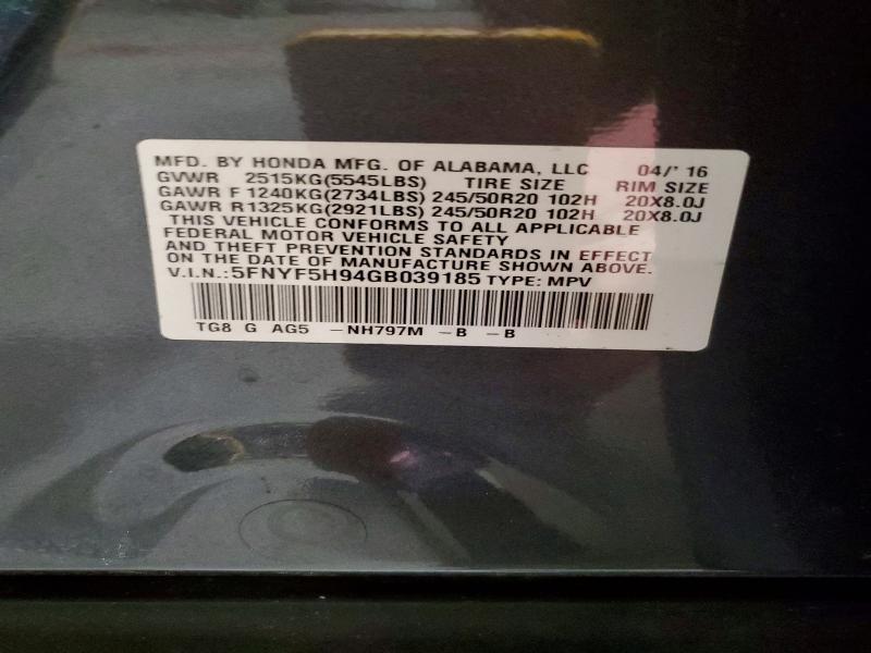Aukcja sprzedaży 2016 Honda Pilot, vin: 5FNYF5H94GB039185, numer aukcji: 58279996